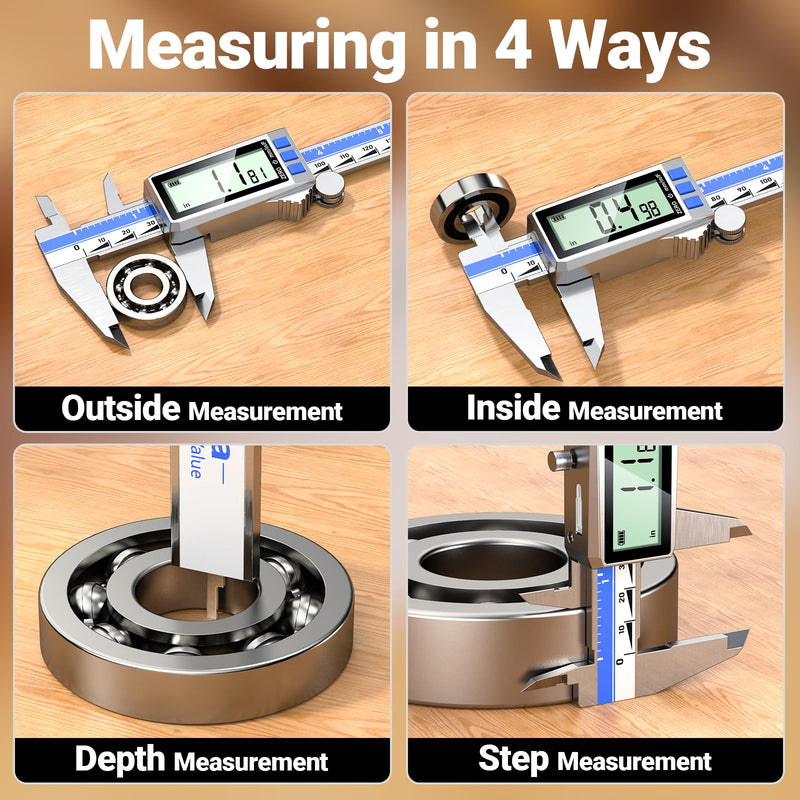 Preciva Digital Caliper 8 Inch, Rechargeable Stainless Steel Vernier Caliper with Large Display, Auto Off, Precision Inch/mm/Fraction Measuring Tool for DIY/Household/Woodworking