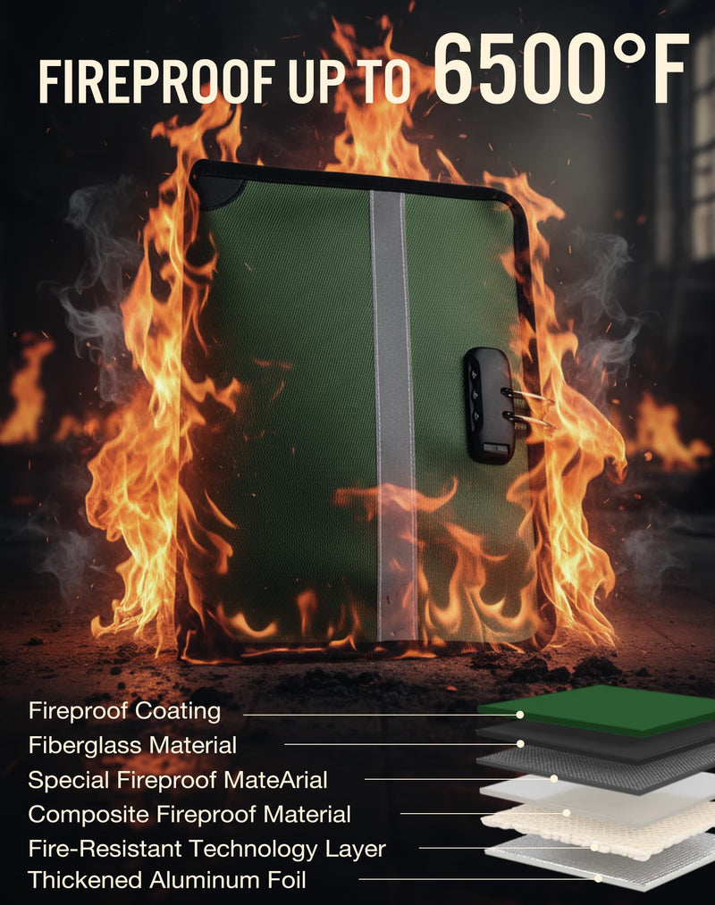 Fireproof Document Holder with Lock (1.6x13.8x9.9 In), Waterproof Money Bag with Zipper & Reflective Strip, Fire Safe Storage Pouch for Laptops Letter Size Certificates, Home Safe Accessories Big