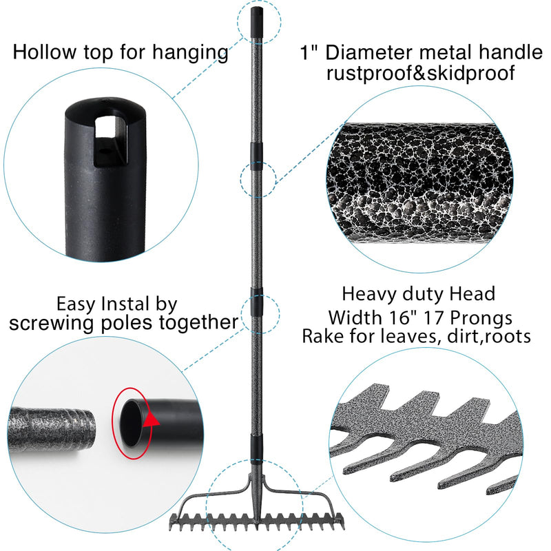 Thatch Rakes for Lawns, Heavy Duty Metal Garden Rake with 17 Prongs, Adjustable Yard Rock Rake for Gardening Loosening Soil, Long Handle 60 Inches - NewNest Australia