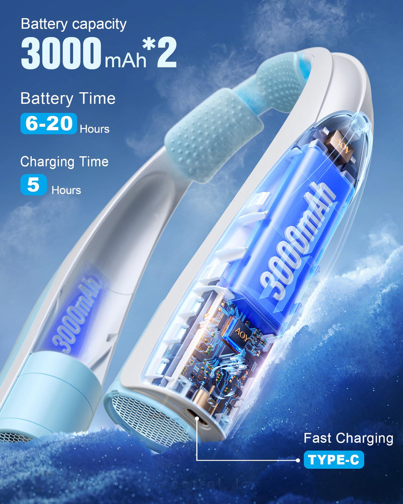 Portable Neck Fan - 6000mAh Rechargeable Personal Fan with 6 Speeds, 360° Cooling Surround Airflow, 20H Long Battery Life Hands-Free Wearable Fan for Outdoor Travel, Office, and Sports
