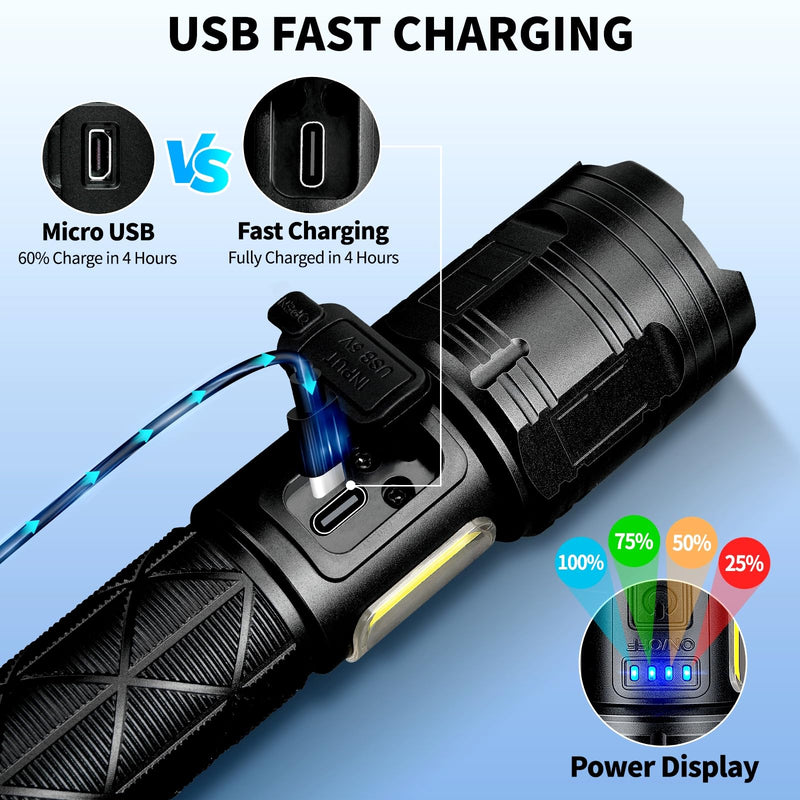 Rechargeable LED Flashlights High Lumens, 99,000 Lumen Super Bright Flashlight with 7 Modes & Waterproof, Powerful USB Rechargeable Handheld Flash Light for Camping Home Black