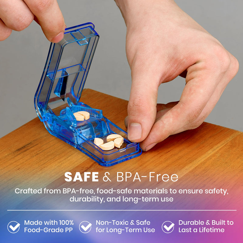Pill Splitters - (Pack of 2) Pill Cutters with V- Grip for Small and Medication - Easily Cut Pills, Splitter | Cutter and Crusher with Pill Holder Case to Spli (1) Blue + (1) Clear