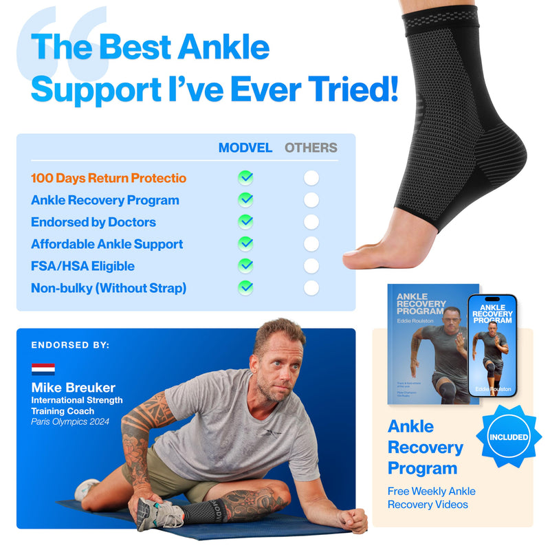Modvel Foot & Ankle Brace Socks for Sprained Ankle Compression Sleeve - Plantar Fasciitis Relief Brace, Foot Support for Women & Men - Tendonitis & Arthritis Foot Sleeve, Stabilizing Ankle Wrap Medium A Black 2