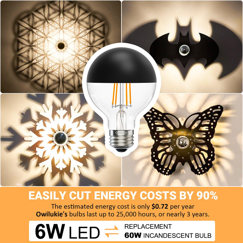 Half Chrome Light Bulb 6W (60W Equivalent), Dimmable Decorative LED Edison Bulb G80/G25, E26 3000K Soft White Globe Tipped Edison Bulbs, Globe Shape LED Bulb,E26 Base Pack of 6 G80-Black-6W-3000K