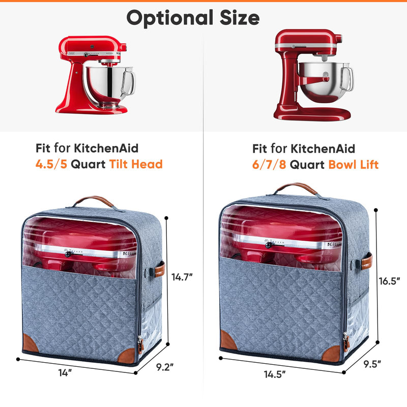 BAGSPRITE Stand Mixer Cover with Appliance Sliders Base Compatible with KitchenAid Mixer-Storage Bag for 6/7/8 Quart with Pockets for Kitchen Aid Accessories and Attachments Grey Fit for 6 - 8 Quart