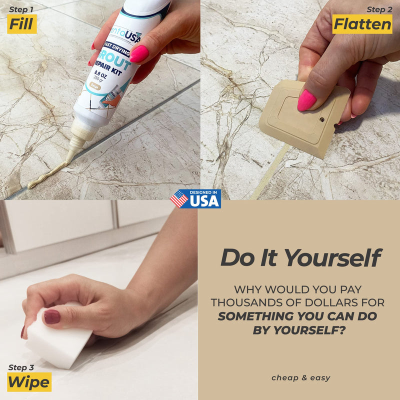 PentaUSA Tile Grout Repair Kit - Beige Grout Filler, Triple Protection, Fast Drying Formula Restores and Renews Grout Lines with Grout Float (Beige, 8.8oz / 250gr)