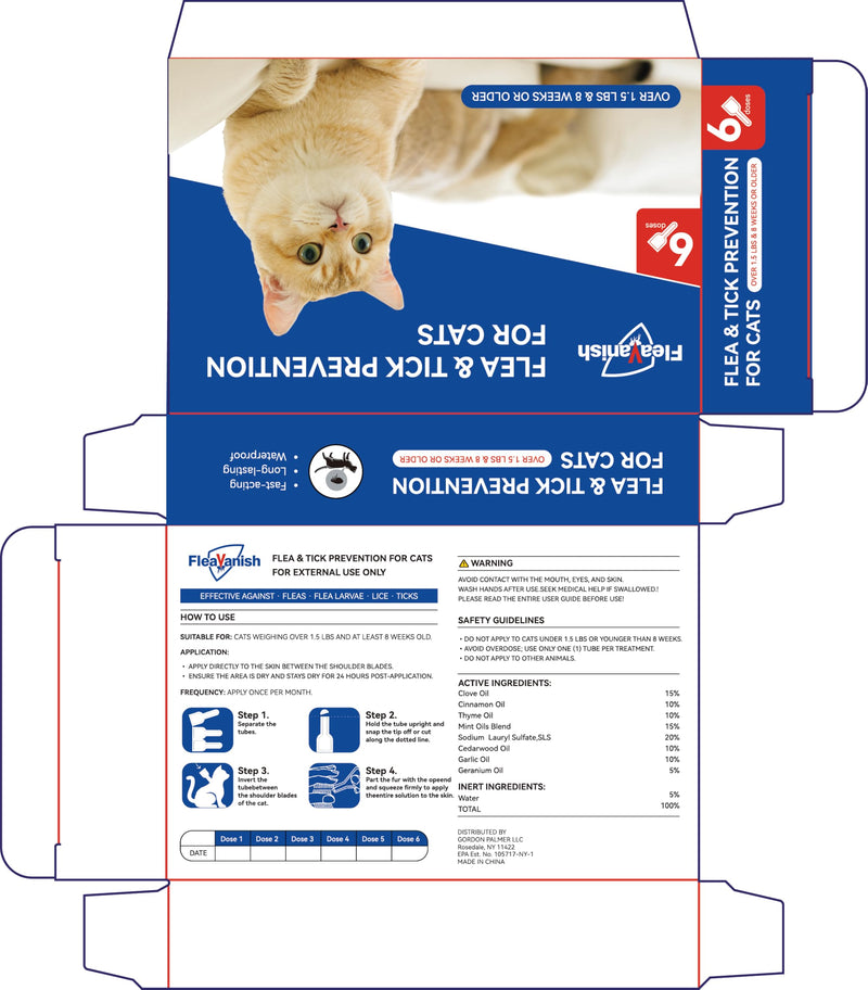 Cat Flea and Tick Drops - 6 Month Supply | Fast-Acting & Long-Lasting & Waterproof | Easy Snap-Off Tubes | Include 6 Nitrile Gloves & Tracker Calendar | for Cats Kittens 1.5 lbs+ & 8 Weeks+