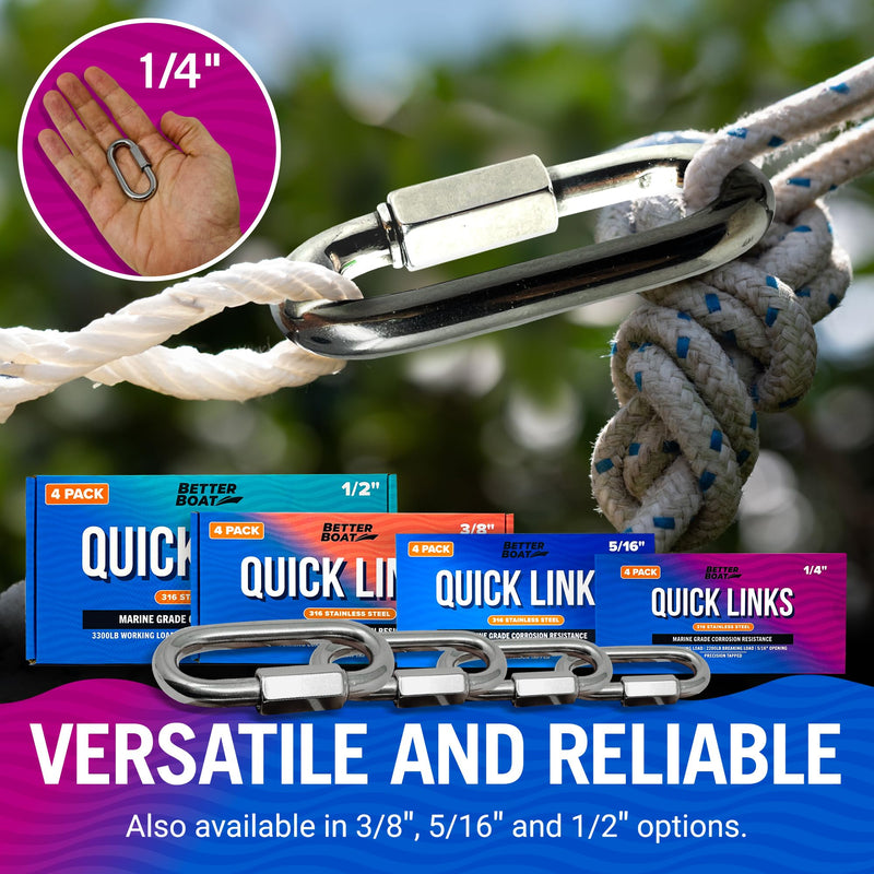 316 Stainless Steel Locking Chain Link, Threaded Quick Link Chain Connector Clips, Heavy Duty D Shape Quicklinks, 1/2", 3/8", 5/16", 1/4" Small Sizes, Marine Grade, 4 Pack Safety Links 1/4" 1/4 "