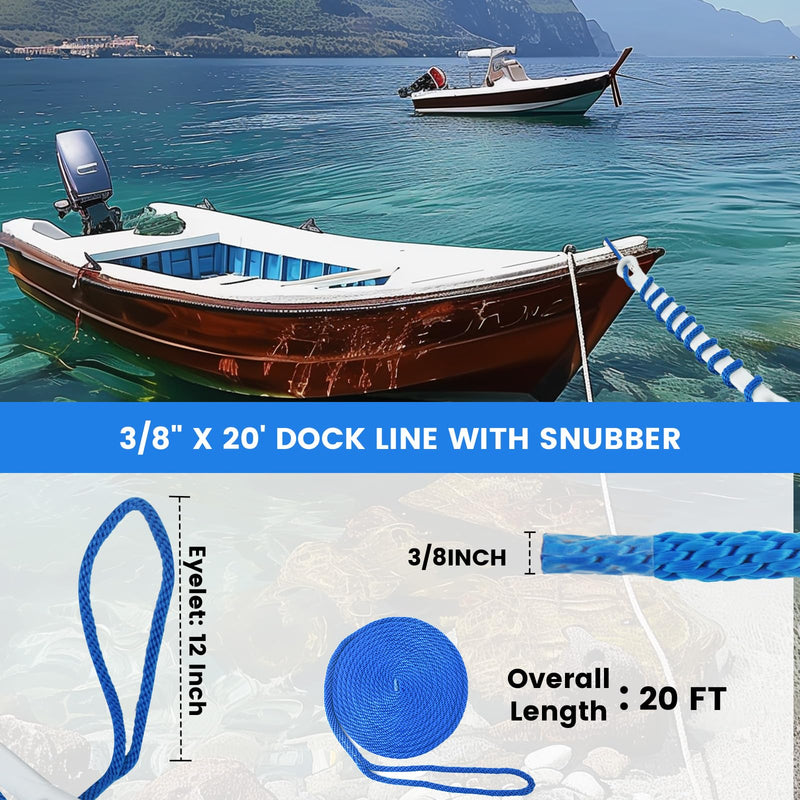 Marine Dock Line Boat Mooring Snubbers Kit, 3/8" x 20' Dock Line with 12” Eyelet and Mooring Snubber (21-3/4" Length), 1920lbs Tensile Strength(Blue) blue 3/8"*20'