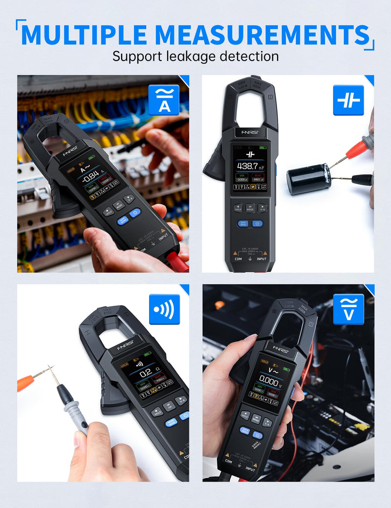 FNIRSI DMC-100 Digital Clamp Meter Multimeter 10000 Counts, Voltage Amp Tester 600A with Flashlight, AC/DC Voltage, AC/DC Current, Capacitance, Resistance, Continuity, Diode, Temperature, NCV