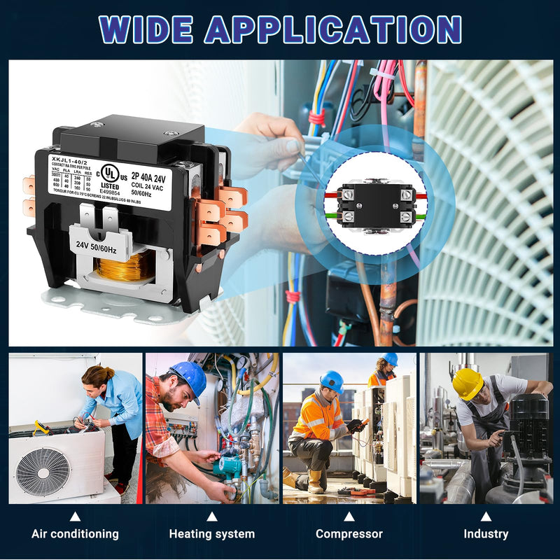 HVAC Motor Contactor, 24V 40 Amp Coil 2 Pole Replacement Relays Compatible with C230B, Air Conditioner, Heat Pump, Refrigeration Systems