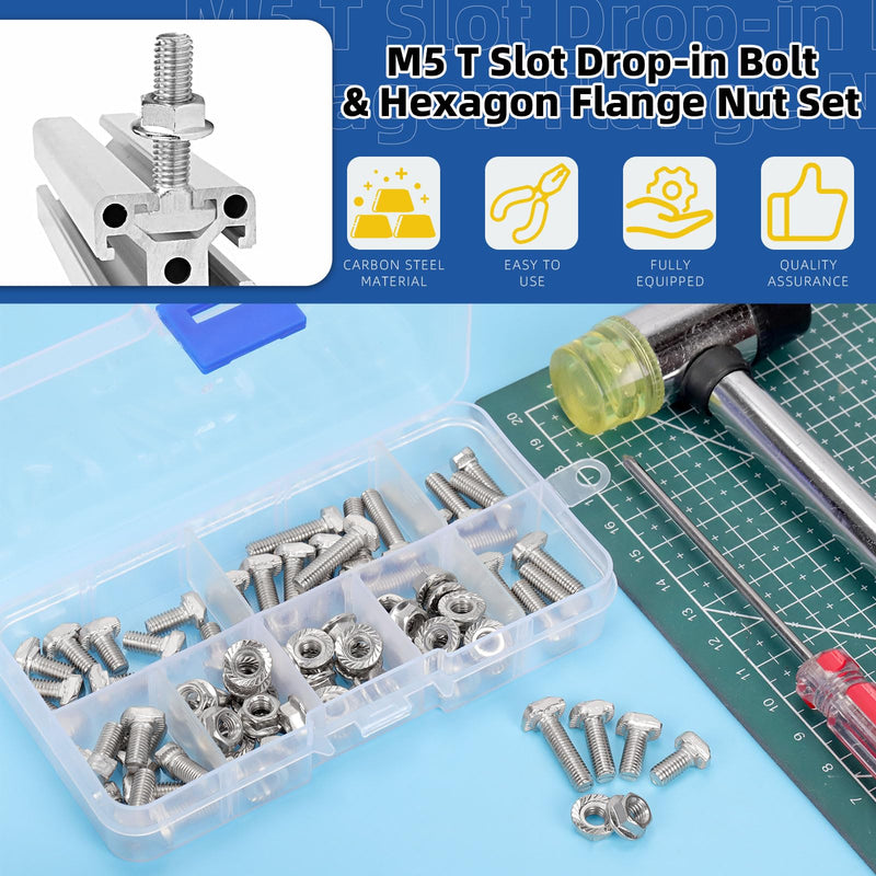 Glarks 80pcs M5 T Slot Drop-in Bolt with Hexagon Flange Nut Set, 10/12/16/20MM Hammer Head T-Bolt, T Shape Stud Sliding Screw, T Screw Stud for European Standard 20 Series Aluminum Profile
