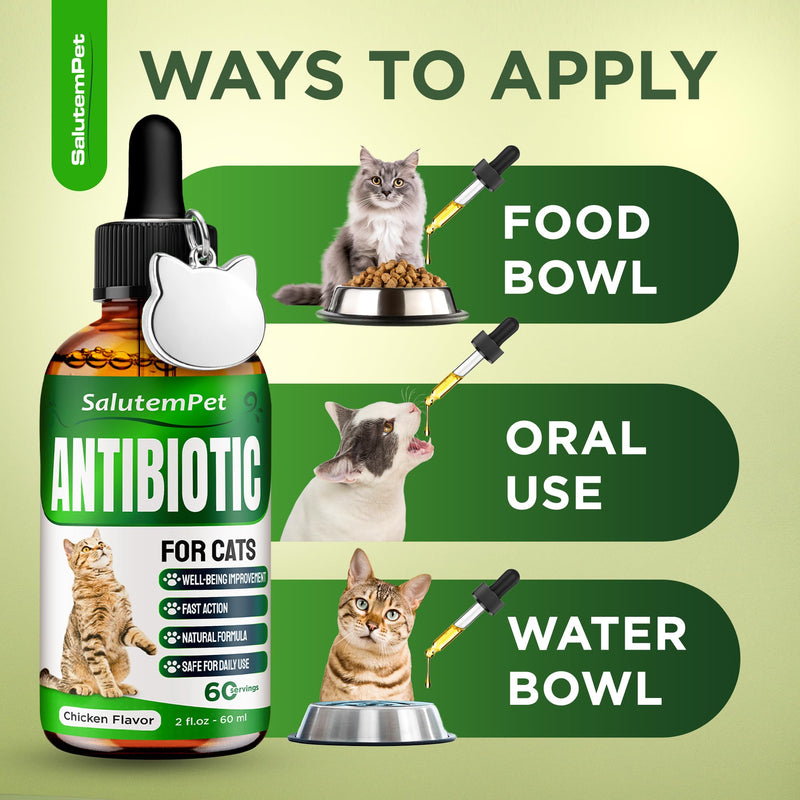 Cat Antibiotic in Drops – Natural Antibiotics for Cats with Chicken Flavor Help with UTI, Cough, Allergies – Safe for Pets and Breeds – 2-oz Bottle with a Pendant Included Herbal Antibiotic for Cats 2 Fl Oz