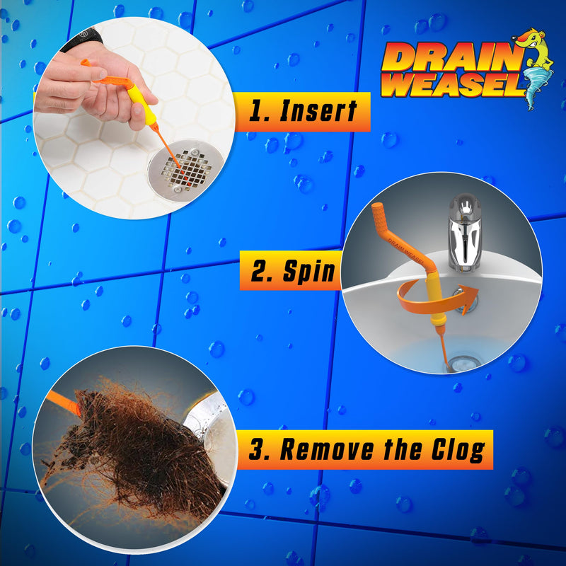 FlexiSnake Pro Drain Weasel Sink Snake Cleaner with New Molded Tip - 18″ - Drain Snake Clog Remover Tool with Rotating Handle & 5 Wand Refills - Easy to Use on Drains & Grates - Made in USA - 5-Pack 5 pk