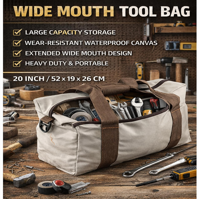 Garosa Wide Mouth Tool Bag Waterproof Wrench Bag Cable Bag Machine Storage Bag Canvas Case Handbag Gray for Electricians Plumbers Mechanics Handymen (20in) 20in