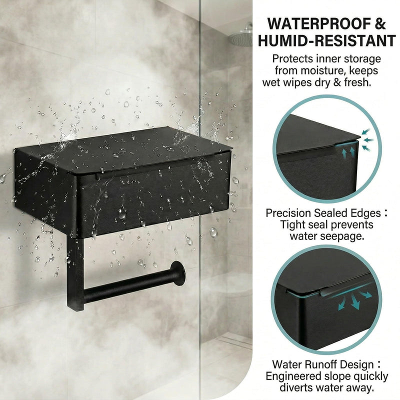 Black Toilet Paper Holder with Storage, Wall Mount Bathroom Tissue & Wipes Holder with Shelf, 2 Installation Methods (No-Drill/Drill), Includes Installation Instructions