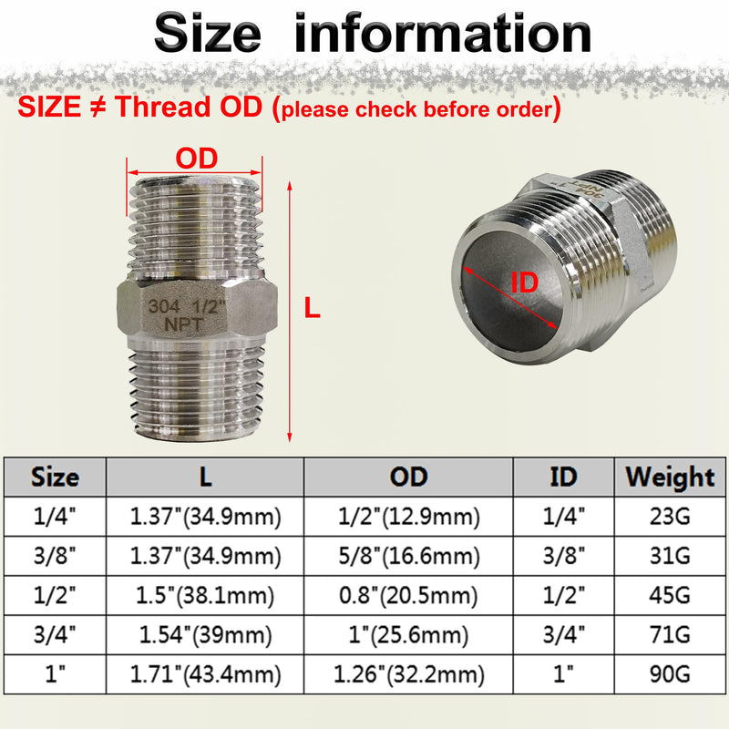 1/2" Male x 1/2" Male Hex Nipple Pipe Fittings, 304 Stainless Steel 1/2 inch NPT Male Threaded Pipe Adapter Fittings Equal Nipples Connectors, Male Straight Connector Pipe Fitting (1/2“, 2pcs) 1/2“, 2pcs