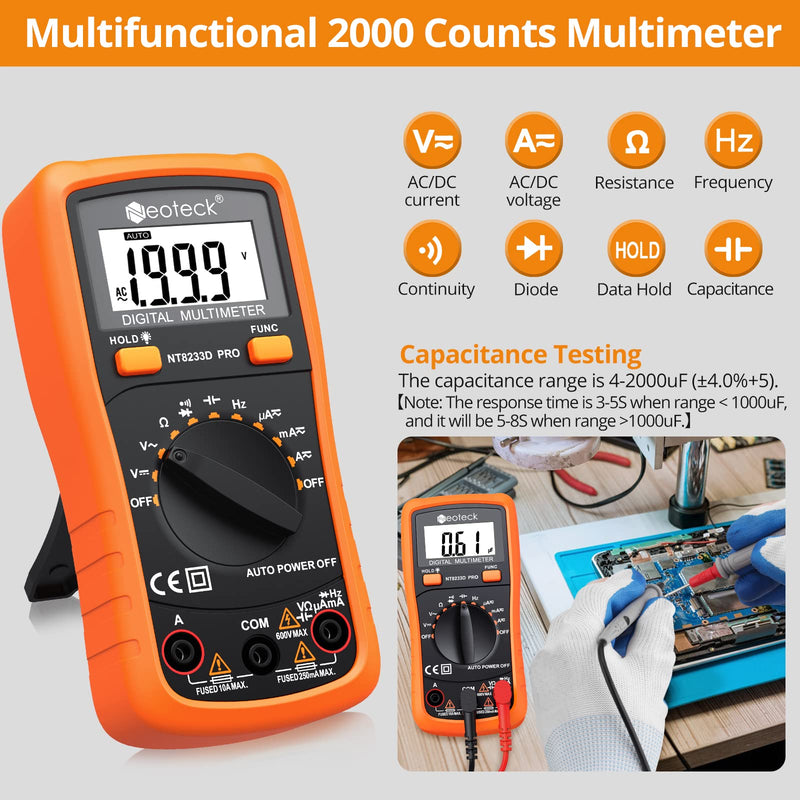 Neoteck Auto Ranging Digital Multimeter AC/DC Voltage Current Ohm Capacitance Frequency Diode Transistor Audible Continuity, Multi Tester with Backlit LCD Orange
