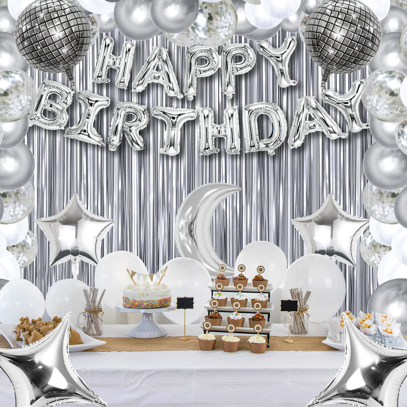 Disco Birthday Party Decorations - 87pcs Disco Happy Birthday Party Decorations Silver Backdrop Disco Birthday Balloons Ball Decor 60s 70s 80s Cool Retro Silver Birthday Decorations Women Men