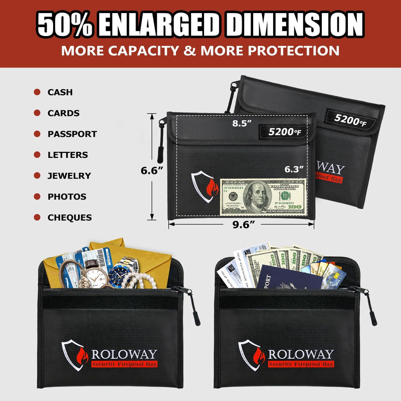 ROLOWAY Fireproof Bag (9.6 x 6.6 inches) 5200℉ Heat Insulated, Fireproof Money Bag with Zipper for Cash (2-Pack Black) 9.6 x 6.6 inch 5200℉ Black Bag