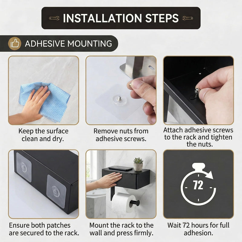 Black Toilet Paper Holder with Storage, Wall Mount Bathroom Tissue & Wipes Holder with Shelf, 2 Installation Methods (No-Drill/Drill), Includes Installation Instructions