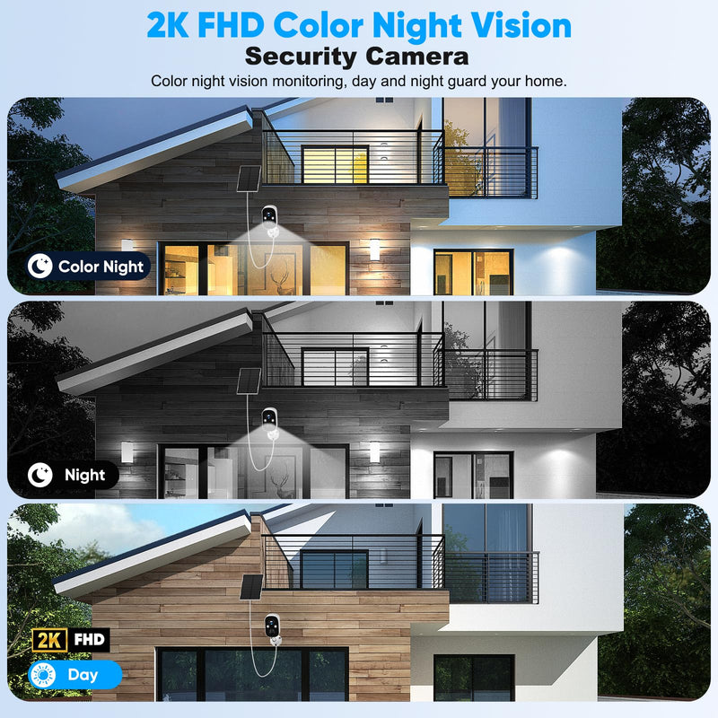 Security Cameras Wireless Outdoor, 2K Battery Powered Color Night Vision Camera, PIR Motion Detection, IP66 Waterproof, Cloud Storage/Mic-SD, Instant Alert, 2.4GHz WiFi, Solar Camera for Home White pack of 1