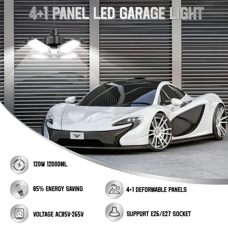 Garage Light 2 Pack 120W, 12000LM Garage Lights Ceiling LED with 4+1 Deformable Panels 6500K LED Garage Light, LED Shop Lights for Workshop, Garage, Basement Support E26/E27 4+1 Panels