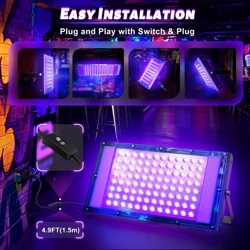 100W LED UV Black Light, Powerful UV Spotlight, IP66, 395nm UV Lamp for Christmas, Halloween Glow Party(2 Packs) 100W-2P
