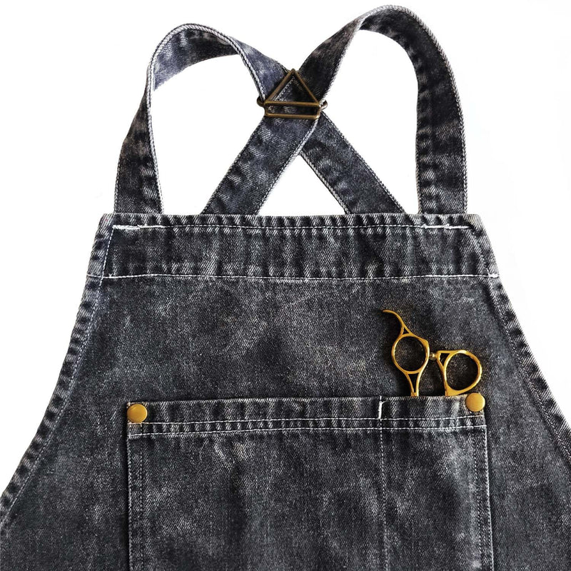 Denim Apron With Pockets,Distressed Jean Apron,Hairstylist Aprons,Denim Work Apron - Washing Style | Adjustable XXL Dark Grey