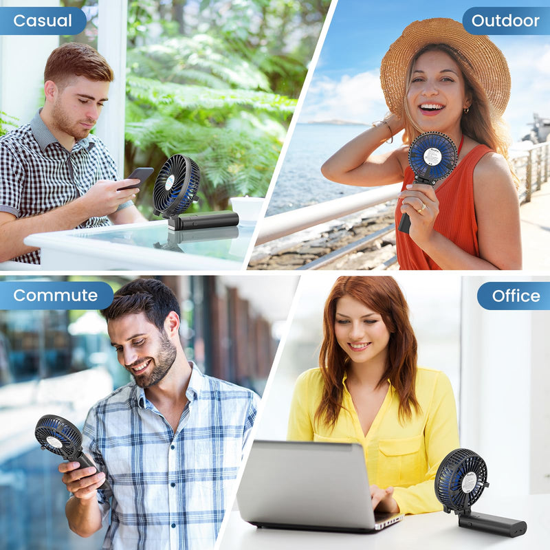 HandFan 5200mAh Handheld Portable Fan, Hand Held Fan, Up to 20H LongRuntime Blue‑Blade Matte Black