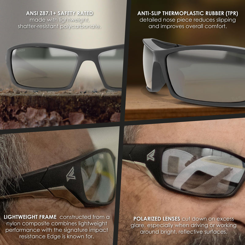 EDGE Reclus Black Safety Glasses, High Impact Rated Z87.1+ Tested, Non-Slip Protective Eyewear, Lightweight Sunglasses Polarized G-15 Silver Mirror