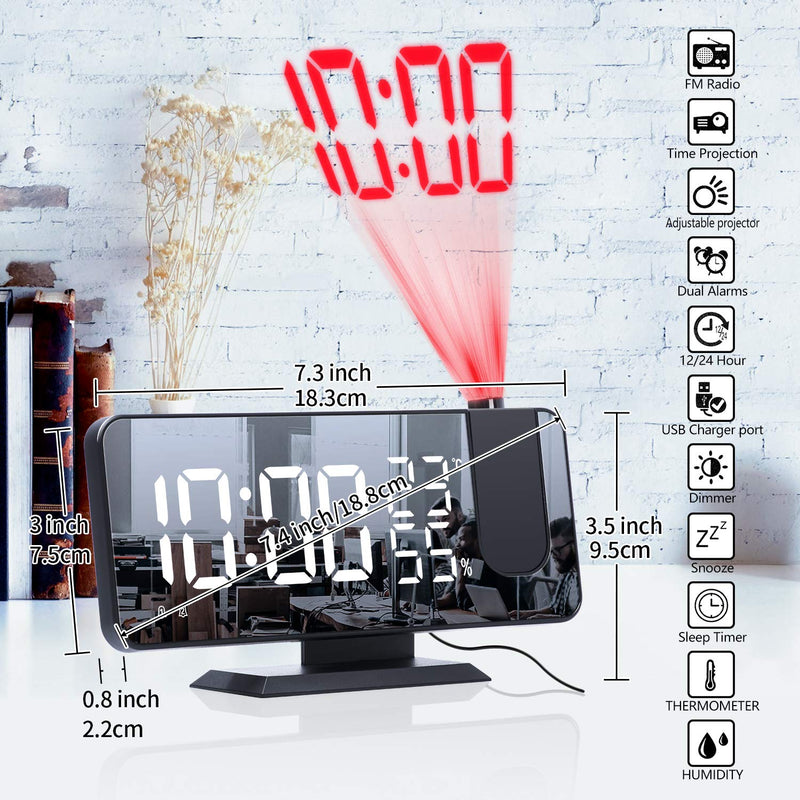 Projection Alarm Clock for Bedrooms Ceiling, Digital Clock Radio with USB Charger Port, Temperature & Humidity Display, 7.3” Large LED Display,12/24H,Snooze,Dual Loud Clock- 4 Dimmer Black