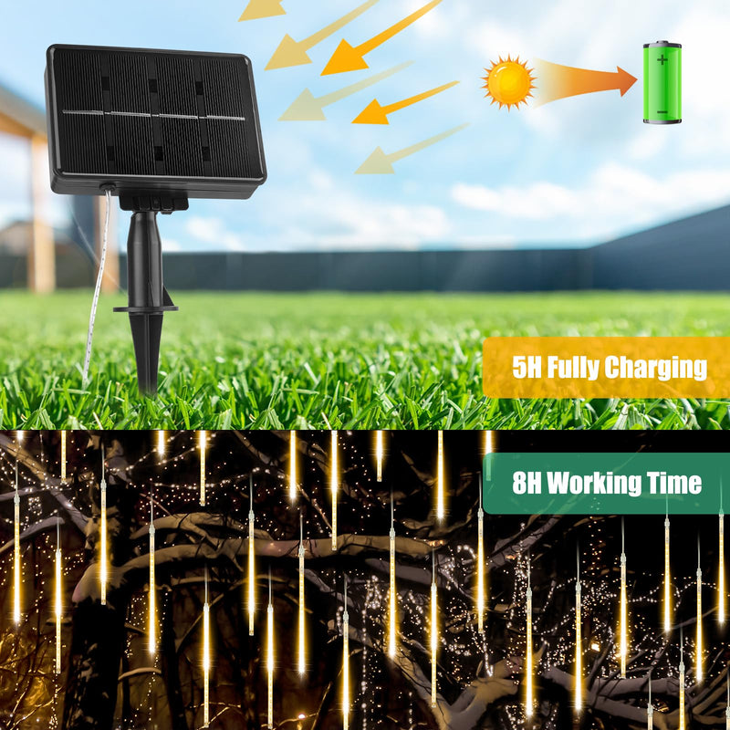Brightown Solar Meteor Shower Lights Outdoor - 576 LED Rain Drop Lights with 16 Tubes, 16 Inches - Solar Powered Christmas Decorations for Tree Bushes Holiday Party Christmas Decor, Warm White 16Inch 16Tube 576LED