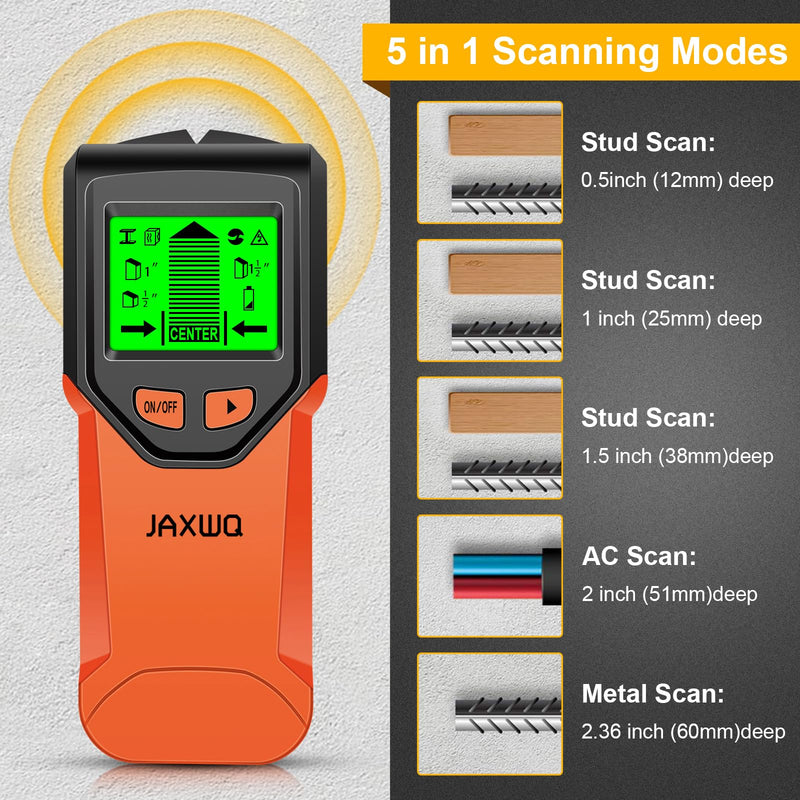 Stud Finder Wall Scanner - 5 in 1 Stud Finder Tool w/Microprocessor Chip and HD LCD Display, Stud Detector Beam Finders for the Center and Edge of Wood AC Wire Metal Studs Joist Pipe Blood Orange