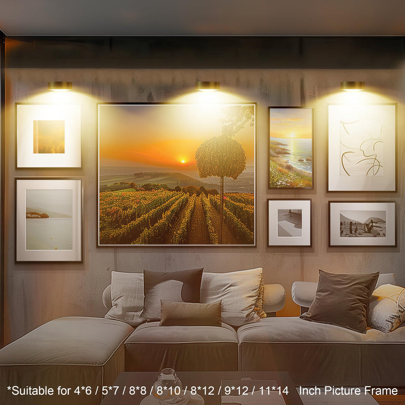 3Pcs Battery Operated Picture Light, Magnetic Led Painting Light with Remote Dimmable and Timer, 3 Lighting Modes Art Display Light for Picture Frame Paintings, Wireless Wall Decor Puck Lights, Gold Gold, Battery Operated 3 Pack