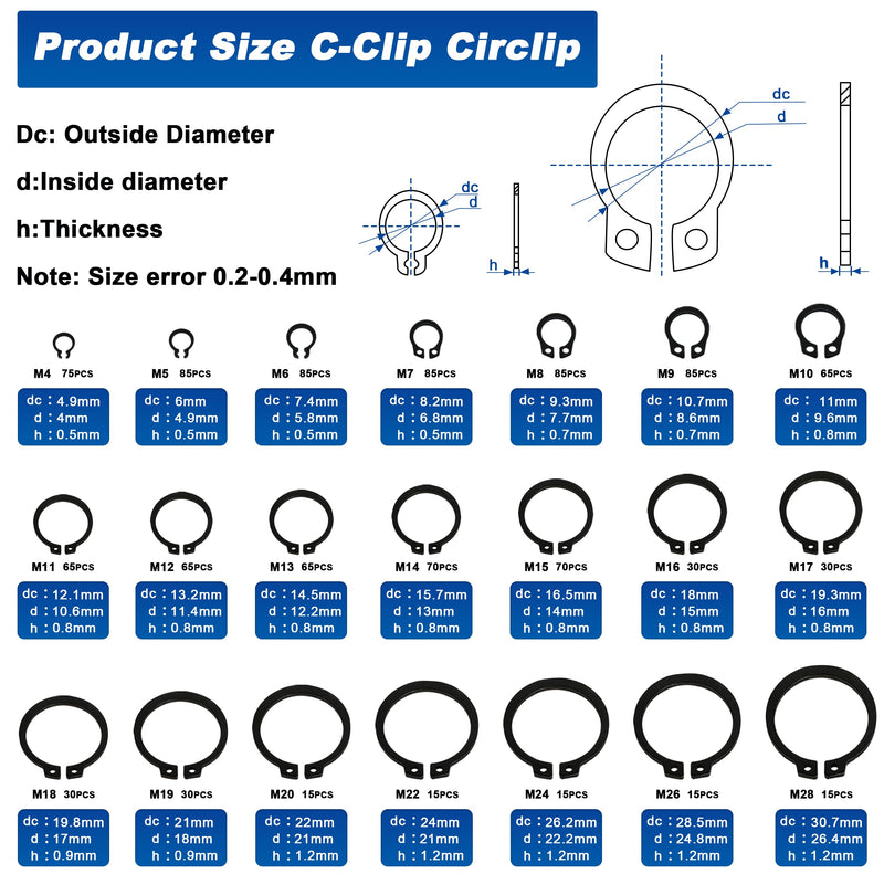 External Retaining Rings Assortment Kit, 1095 PCS Circlip Snap Retaining C-Clips Black Alloy Steel Rings and 1 PC Tweezers, Includes Sizes of M4-M28 1096pcs C-clip