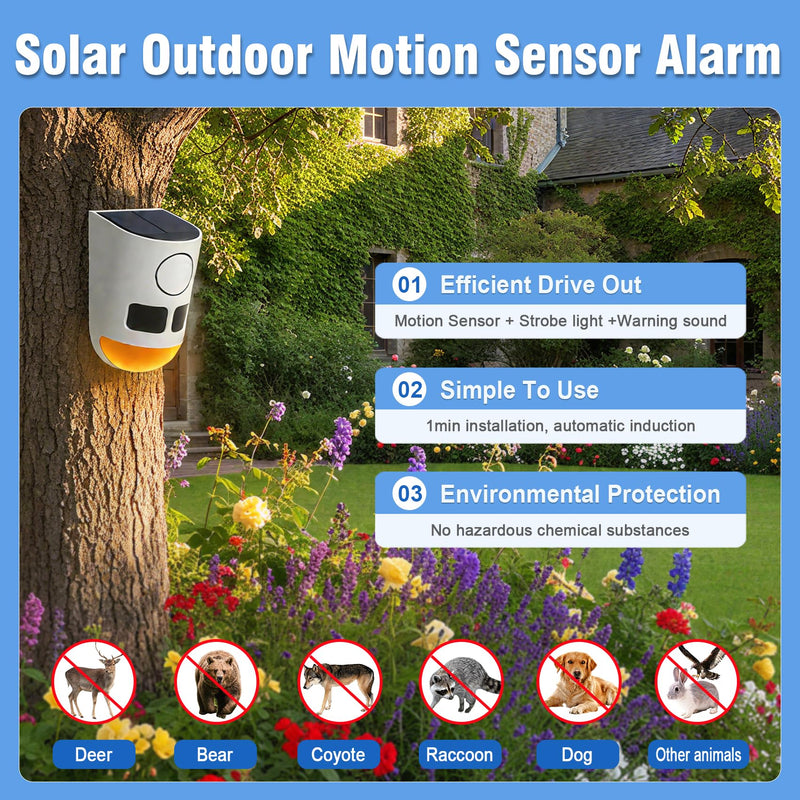 ChunHee Solar Motion Sensor Alarm Outdoor 4 Working Mode Dog Barking Motion Activated Alarm 129dB Loud Sound Noise Maker IP65 Waterproof Motion Detector with Strobe Light for Yard Farm Garden (2PCS) 2PCS