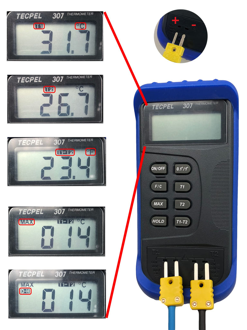 TECPEL DTM-307 Digital Thermometer with 2 k Type thermocouple Sensor Probe (TPK-01)
