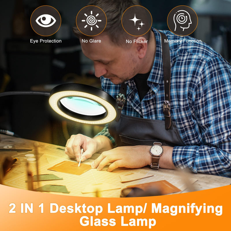 20X/10X Dual-lens Magnifying Glass with Light and Timer, Combination Lens Magnifier with Light, 3 Color Modes, 2 in 1 Magnifying Desk Lamp for Craft Hobby Painting Sewing Close Work(No Adapter) Black 120mm-NoAdapter