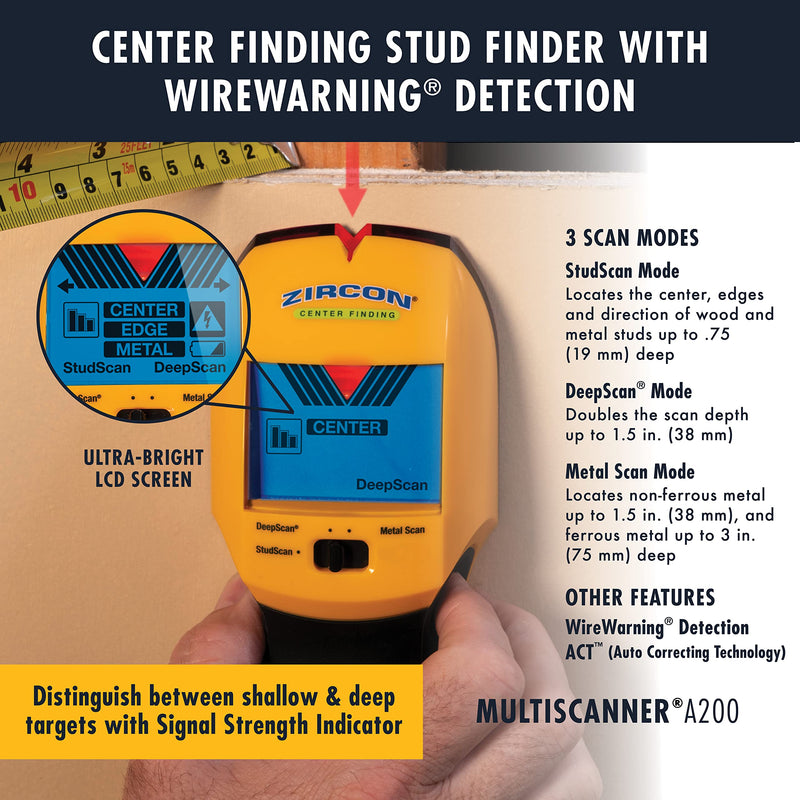 Zircon Multiscanner A200 Electronic Wall Scanner / Metal Detector/ Live AC Wire Detection With SpotLite Pointer Center Finding