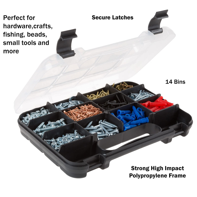 Small Parts Organizer Set – 2-Pack Plastic Storage Box with 14 Small Compartments for Hardware, Beads, Jewelry, Tackle, anDecore by Stalwart (Black)