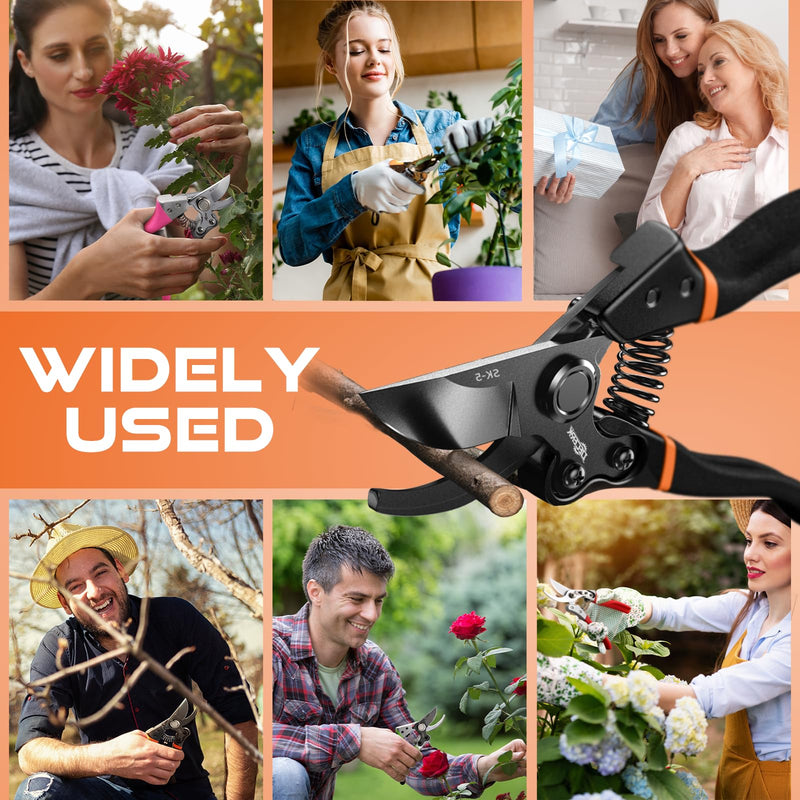 Pruning Shears for Gardening - DECERK 8.5" Professional Bypass Garden Scissors & Clippers for Branch Trimming, Super Sharp SK5 Blade, Ergonomic Handle, Gardening Gift Women Men - 2025 Heavy Duty Tools Black Orange