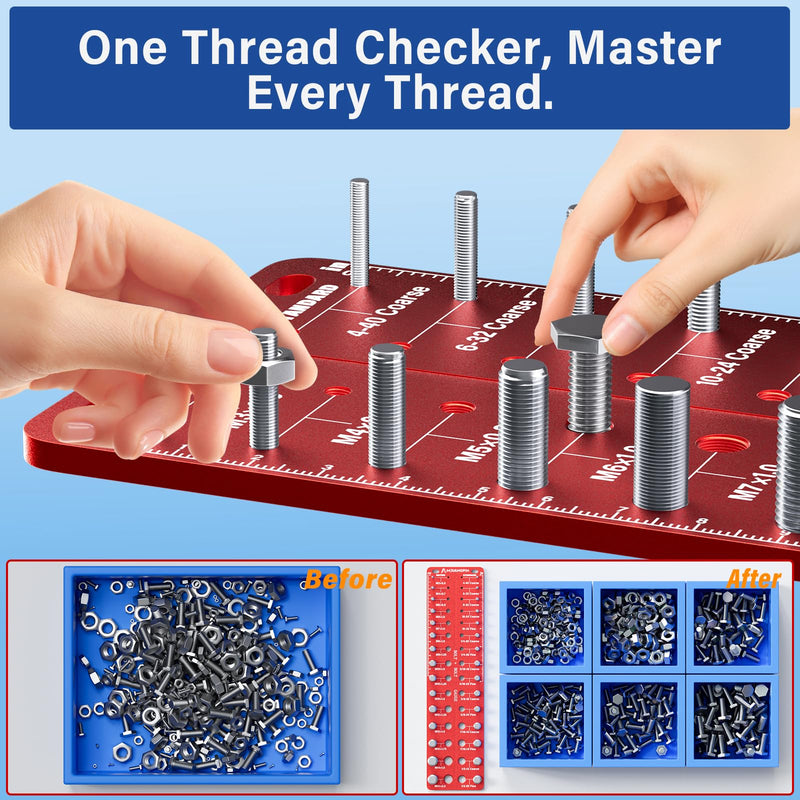 Thread Checker, 30 Nut & Bolt Thread Size Checker 15 Standard &15 Metric, Wall-Mounted Stainless Steel Thread Gauge Checker with Inch & Metric, Bolt Size Finder