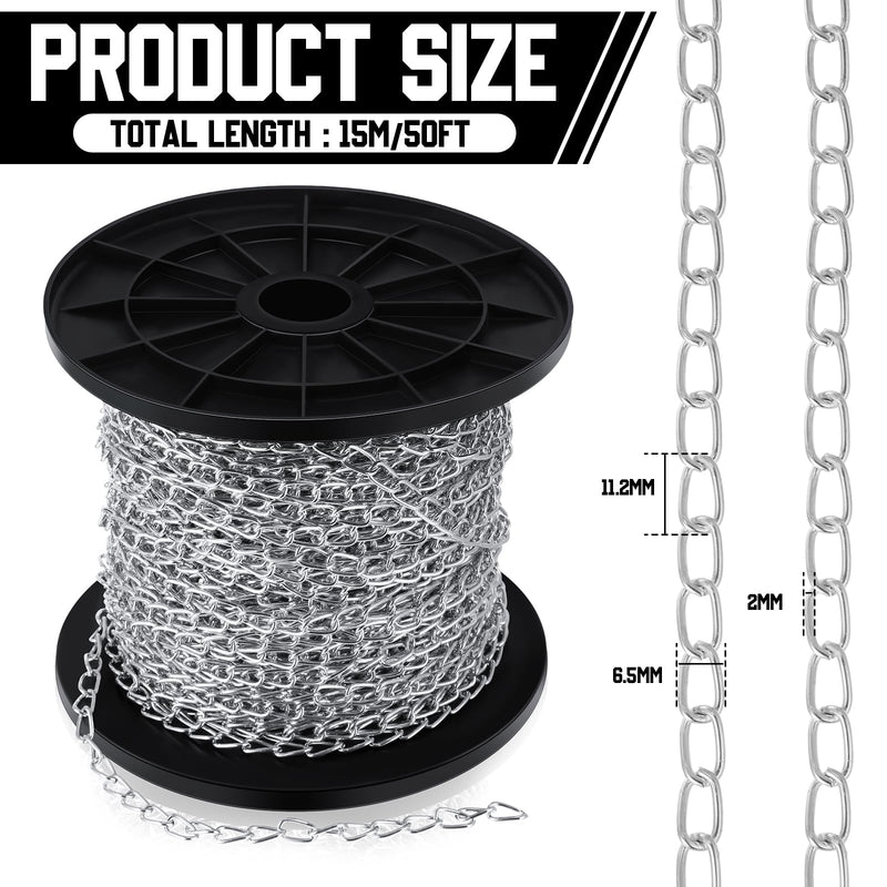 50 ft Jack Chain Galvanized Steel Hanging Chain Link Chain Silver Chain Roll Chain Spool Metal Light Fixture Chain for Bird Feeders, Overhead Lights, Artworks, Flowerpots (2mm) 50ft, 2mm