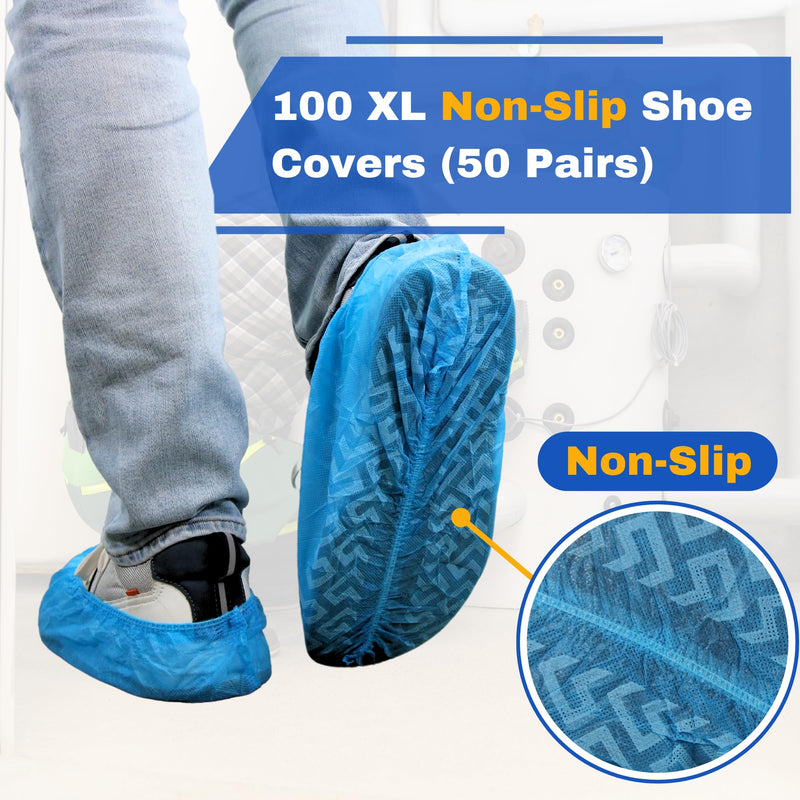 Frontline Disposable Shoe Covers Non-Slip – Premium Non-Woven, Durable, Booties Shoe Protectors – Water Resistant Thick Anti-Slip - One Size Fits Most, Indoor Use (100 Pack) 100 Pack