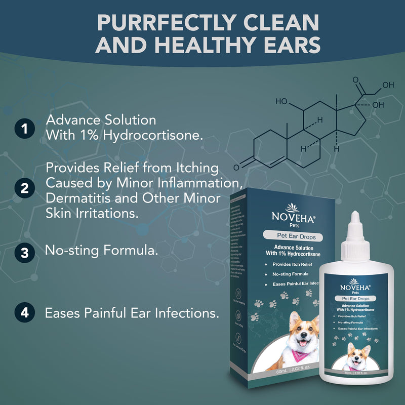 NOVEHA Pet Ear Drops with 1% Hydrocortisone | Ear Cleaner for Dogs & Cats for Earwax buildup, No-Sting Formula, Calms Itch & Reduces Painful Ear Infections 60mL (60ml (Pack of 1)) 60ml (Pack of 1) - PawsPlanet Australia