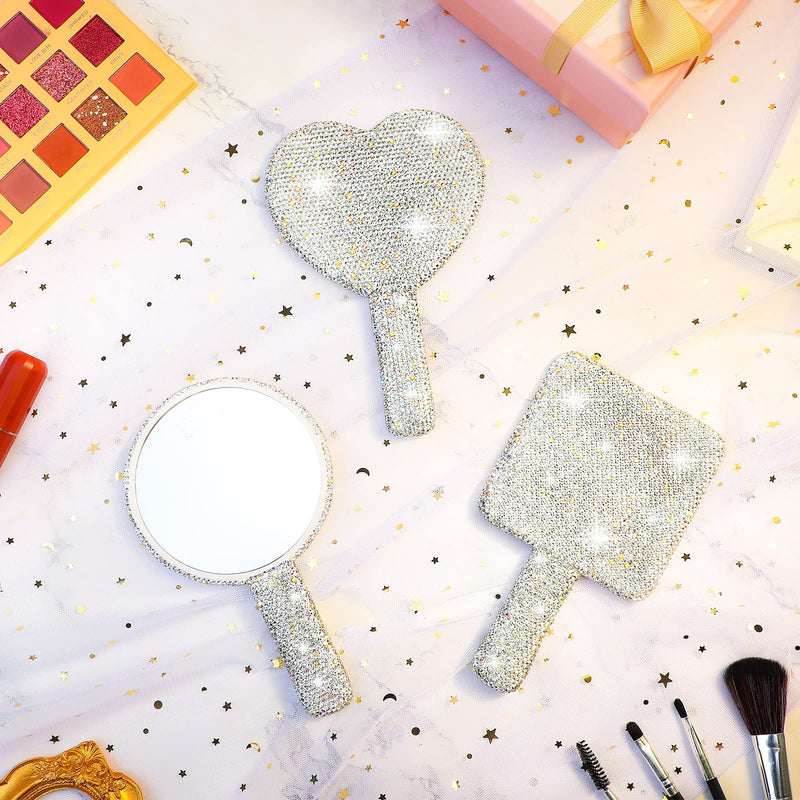 Bucherry 3 Pcs Rhinestone Hand Mirror Heart Shaped Bling Dazzling Hand Held Square Round Shape White Cosmetic Portable Decorative Personal Makeup Mirrors for Women Wedding Gift
