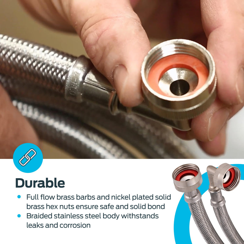 Eastman 6 Feet Washing Machine Hose with 90-Degree Elbow, Pack of 2, 3/4 Inch FHT x 3/4 Inch FHT, Braided Stainless Steel with Nickel-Plated Brass Nuts, 41066 6 ft., 2 Pack