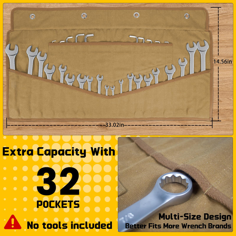 Wrench Roll 32 Pockets, Heavy-Duty 16 oz. Waxed Canvas Wrench Roll Up Bag Holds Wrench Wrap for Metric and SAE Wrenches, Wrench Pouch with Buckles and Handle, Sturdy Wrench Tool roll (Khaki) Khaki