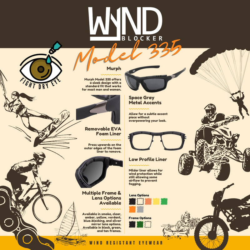 WYND Blocker Polarized Dry Eye Wind Resistant Sunglasses Motorcycle Glasses (Model 335 Polarized) Black | Blue Blocking